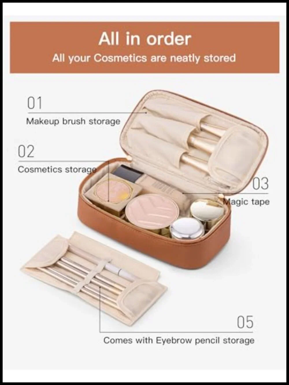 PU Leather Cosmetic Travel Bag with Brush Storage, Waterproof Toiletry